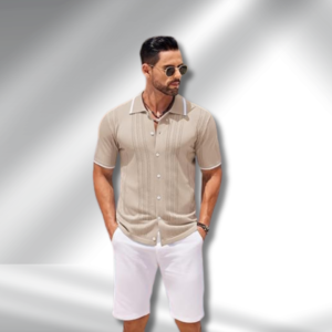 A sleek beige textured knit shirt