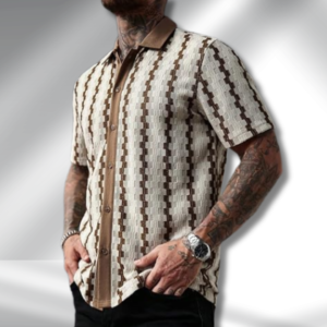 cream and brown patterned short-sleeve shirt